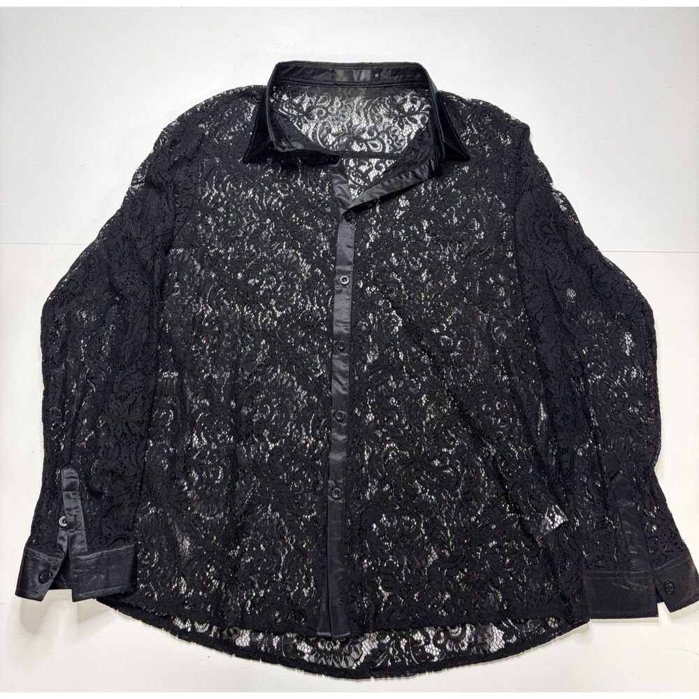 Black Mesh Fancy Lace Dress Up Button Down Shirt Long Sleeves Men's XL.
